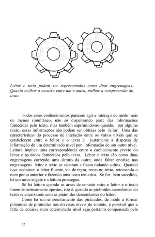 22
Leitor e texto podem ser representados como duas engrenagens.
Quanto melhor o encaixe entre um e outro, melhor a compreensão do
texto.
Todos esses conhecimentos parecem agir e interagir de modo mais
ou menos simultâneo, não só dispensando parte das informações
fornecidas pelo texto, mas também suprimindo-as quando, por alguma
razão, essas informações não podem ser obtidas pelo leitor. Uma das
características do processo de interação entre os vários níveis que se
estabelecem entre o leitor e o texto é justamente a dispensa de
informação de um determinado nível por informação de um outro nível.
Leitura implica uma correspondência entre o conhecimento prévio do
leitor e os dados fornecidos pelo texto. Leitor e texto são como duas
engrenagens correndo uma dentro da outra; onde faltar encaixe nas
engrenagens leitor e texto se separam e ficam rodando soltos. Quando
isso acontece, o leitor fluente, via de regra, recua no texto, retomando-o
num ponto anterior e fazendo uma nova tentativa. Se for bem sucedido,
há um novo engate e a leitura prossegue.
Só há leitura quando as áreas de contato entre o leitor e o texto
forem simetricamente opostas, isto é, quando as pirâmides ascendentes do
texto se encaixarem com as pirâmides descendentes do leitor.
Como há um embrenhamento das pirâmides, de modo a formar
pirâmides de pirâmides nos diversos níveis de contato, é possível que a
falta de encaixe num determinado nível seja portanto compensada pela
 