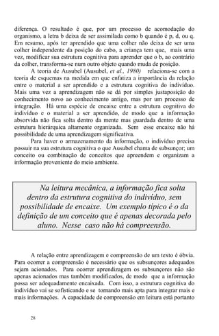 28
diferença. O resultado é que, por um processo de acomodação do
organismo, a letra b deixa de ser assimilada como b quando é p, d, ou q.
Em resumo, após ter aprendido que uma colher não deixa de ser uma
colher independente da posição do cabo, a criança tem que, mais uma
vez, modificar sua estrutura cognitiva para aprender que o b, ao contrário
da colher, transforma-se num outro objeto quando muda de posição.
A teoria de Ausubel (Ausubel, et al., 1980) relaciona-se com a
teoria de esquemas na medida em que enfatiza a importância da relação
entre o material a ser aprendido e a estrutura cognitiva do indivíduo.
Mais uma vez a aprendizagem não se dá por simples justaposição do
conhecimento novo ao conhecimento antigo, mas por um processo de
integração. Há uma espécie de encaixe entre a estrutura cognitiva do
indivíduo e o material a ser aprendido, de modo que a informação
absorvida não fica solta dentro da mente mas guardada dentro de uma
estrutura hierárquica altamente organizada. Sem esse encaixe não há
possibilidade de uma aprendizagem significativa.
Para haver o armazenamento da informação, o indivíduo precisa
possuir na sua estrutura cognitiva o que Ausubel chama de subsunçor; um
conceito ou combinação de conceitos que apreendem e organizam a
informação proveniente do meio ambiente.
Na leitura mecânica, a informação fica solta
dentro da estrutura cognitiva do indivíduo, sem
possibilidade de encaixe. Um exemplo típico é o da
definição de um conceito que é apenas decorada pelo
aluno. Nesse caso não há compreensão.
A relação entre aprendizagem e compreensão de um texto é óbvia.
Para ocorrer a compreensão é necessário que os subsunçores adequados
sejam acionados. Para ocorrer aprendizagem os subsunçores não são
apenas acionados mas também modificados, de modo que a informação
possa ser adequadamente encaixada. Com isso, a estrutura cognitiva do
indivíduo vai se sofisticando e se tornando mais apta para integrar mais e
mais informações. A capacidade de compreensão em leitura está portanto
 