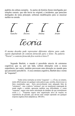 34
padrões da cultura européia. As partes da história foram interligadas por
relações causais, que não havia no original, e incidentes, que pareciam
desligados do tema principal, sofreram modificações para se encaixar
melhor no enredo.
Gancho Âncora Antena Arado
O mesmo desenho pode representar diferentes objetos para cada
sujeito dependendo do contexto fornecido para o leitor. Na palavra
"Teoria", o contexto fornecido fica restrito à letra T.
Segundo Bartlett, o mundo é percebido através de estruturas
cognitivas que se, por um lado, sofrem alterações com a nossa
experiência, por outro, também provocam uma alteração no mundo para
que possamos percebê-lo. A essa estrutura cognitiva, Bartlett deu o nome
de "esquema":
Tenho sérias restrições ao termo "esquema". (...) É-me, no entanto,
muito difícil pensar em qualquer outra palavra que, sozinha, descrevesse os
fatos examinados aqui. Seria provavelmente mais adequado falar de
"estruturas"; mas a palavra "estrutura", por ser atualmente empregada de
modo amplo e variado, apresenta também suas dificuldades, e, como
"esquema", sugere uma maior articulação de detalhes do que normalmente
existe (...). "Esquema sugere uma organização ativa de reações ou
experiências do passado, que devem estar sempre operando em qualquer
resposta orgânica bem adaptada (p. 200-201).
 