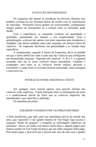 37
EVOLUÇÃO DOS ESQUEMAS
Os esquemas não apenas se ramificam em diversas direções mas
também evoluem na sua estrutura básica de acordo com as experiências
do indivíduo. Elementos novos podem ser acrescentados, componentes
antigos podem ser descartados ou a relação entre os elementos pode
mudar.
Com a experiência, os esquemas evoluem em quantidade e
qualidade, aumentando em número e em complexidade. Com a
aprendizagem, a pessoa não apenas tem mais esquemas para interpretar a
realidade, mas possui também, para cada esquema, um número maior de
variáveis. Os esquemas diminuem em generalidade e se tornam mais
específicos.
A compreensão, segundo a Teoria de Esquemas, dá-se na medida
em que o leitor atribui um valor a cada uma das variáveis que configuram
um determinado esquema. Supondo três variáveis A, B e C, o esquema
acionado será um se essas variáveis forem mercadoria, vendedor e
comprador; será outro se as variáveis forrem médico, paciente e
consultório; e ainda outro se tivermos homem mascarado, arma carregada
e caixa nervoso.
INTERAÇÃO ENTRE ESQUEMAS E TEXTO
Em qualquer texto normal apenas uma parcela mínima das
variáveis estão explícitas. É pela interação entre as informações do texto
e o conhecimento prévio do leitor que as variáveis implícitas são
identificadas e um valor lhes é atribuído.
Na manchete do jornal
GIRASSÓIS VENDIDOS POR UM PREÇO RECORDE
o leitor proficiente, que sabe, pela sua experiência prévia do mundo das
artes, que "girassóis" é um quadro famoso de Van Gogh, logo aciona o
esquema "leilão de quadros" e completa as informações implícitas na
manchete: houve um leilão com lances muito altos e alguém pagou pelo
famoso quadro de Van Gogh um preço que até então ninguém tinha pago.
Pelo preço pago, é provável que a pessoa não saiu da sala com o quadro
 