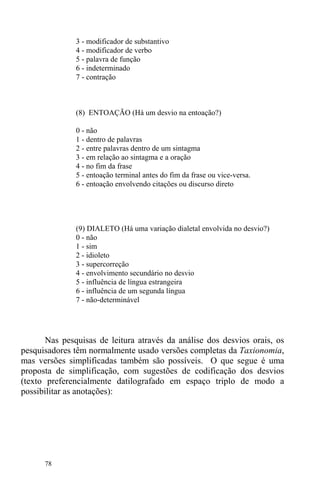 78
3 - modificador de substantivo
4 - modificador de verbo
5 - palavra de função
6 - indeterminado
7 - contração
(8) ENTOAÇÃO (Há um desvio na entoação?)
0 - não
1 - dentro de palavras
2 - entre palavras dentro de um sintagma
3 - em relação ao sintagma e a oração
4 - no fim da frase
5 - entoação terminal antes do fim da frase ou vice-versa.
6 - entoação envolvendo citações ou discurso direto
(9) DIALETO (Há uma variação dialetal envolvida no desvio?)
0 - não
1 - sim
2 - idioleto
3 - supercorreção
4 - envolvimento secundário no desvio
5 - influência de língua estrangeira
6 - influência de um segunda língua
7 - não-determinável
Nas pesquisas de leitura através da análise dos desvios orais, os
pesquisadores têm normalmente usado versões completas da Taxionomia,
mas versões simplificadas também são possíveis. O que segue é uma
proposta de simplificação, com sugestões de codificação dos desvios
(texto preferencialmente datilografado em espaço triplo de modo a
possibilitar as anotações):
 
