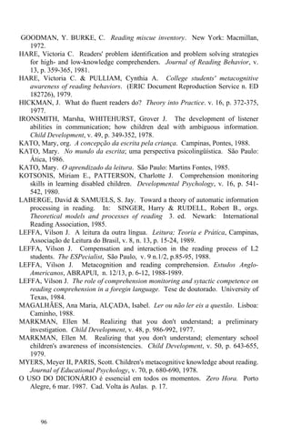 96
GOODMAN, Y. BURKE, C. Reading miscue inventory. New York: Macmillan,
1972.
HARE, Victoria C. Readers' problem identification and problem solving strategies
for high- and low-knowledge comprehenders. Journal of Reading Behavior, v.
13, p. 359-365, 1981.
HARE, Victoria C. & PULLIAM, Cynthia A. College students' metacognitive
awareness of reading behaviors. (ERIC Document Reproduction Service n. ED
182726), 1979.
HICKMAN, J. What do fluent readers do? Theory into Practice. v. 16, p. 372-375,
1977.
IRONSMITH, Marsha, WHITEHURST, Grover J. The development of listener
abilities in communication; how children deal with ambiguous information.
Child Development, v. 49, p. 349-352, 1978.
KATO, Mary, org. A concepção da escrita pela criança. Campinas, Pontes, 1988.
KATO, Mary. No mundo da escrita; uma perspectiva psicolingüística. São Paulo:
Ática, 1986.
KATO, Mary. O aprendizado da leitura. São Paulo: Martins Fontes, 1985.
KOTSONIS, Miriam E., PATTERSON, Charlotte J. Comprehension monitoring
skills in learning disabled children. Developmental Psychology, v. 16, p. 541-
542, 1980.
LABERGE, David & SAMUELS, S. Jay. Toward a theory of automatic information
processing in reading. In: SINGER, Harry & RUDELL, Robert B., orgs.
Theoretical models and processes of reading 3. ed. Newark: International
Reading Association, 1985.
LEFFA, Vilson J. A leitura da outra língua. Leitura; Teoria e Prática, Campinas,
Associação de Leitura do Brasil, v. 8, n. 13, p. 15-24, 1989.
LEFFA, Vilson J. Compensation and interaction in the reading process of L2
students. The ESPecialist, São Paulo, v. 9 n.1/2, p.85-95, 1988.
LEFFA, Vilson J. Metacognition and reading comprehension. Estudos Anglo-
Americanos, ABRAPUI, n. 12/13, p. 6-12, 1988-1989.
LEFFA, Vilson J. The role of comprehension monitoring and sytactic competence on
reading comprehension in a foregin language. Tese de doutorado. University of
Texas, 1984.
MAGALHÃES, Ana Maria, ALÇADA, Isabel. Ler ou não ler eis a questão. Lisboa:
Caminho, 1988.
MARKMAN, Ellen M. Realizing that you don't understand; a preliminary
investigation. Child Development, v. 48, p. 986-992, 1977.
MARKMAN, Ellen M. Realizing that you don't understand; elementary school
children's awareness of inconsistencies. Child Development, v. 50, p. 643-655,
1979.
MYERS, Meyer II, PARIS, Scott. Children's metacognitive knowledge about reading.
Journal of Educational Psychology, v. 70, p. 680-690, 1978.
O USO DO DICIONÁRIO é essencial em todos os momentos. Zero Hora. Porto
Alegre, 6 mar. 1987. Cad. Volta às Aulas. p. 17.
 