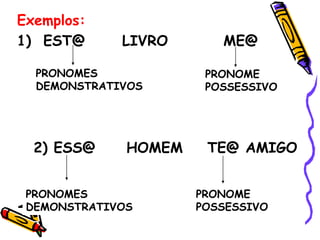 Exemplos:
1) EST@ LIVRO ME@
PRONOMES
DEMONSTRATIVOS
PRONOME
POSSESSIVO
PRONOMES
DEMONSTRATIVOS
PRONOME
POSSESSIVO
2) ESS@ HOMEM TE@ AMIGO
 