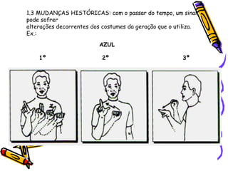 1.3 MUDANÇAS HISTÓRICAS: com o passar do tempo, um sinal
pode sofrer
alterações decorrentes dos costumes da geração que o utiliza.
Ex.:
3º
AZUL
1º 2º
 