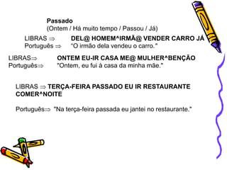 LIBRAS
Português
ONTEM EU-IR CASA ME@ MULHER^BENÇÃO
"Ontem, eu fui à casa da minha mãe."
Passado
(Ontem / Há muito tempo / Passou / Já)
LIBRAS 
Português 
DEL@ HOMEM^IRMÃ@ VENDER CARRO JÁ
“O irmão dela vendeu o carro."
LIBRAS TERÇA-FEIRA PASSADO EU IR RESTAURANTE
COMER^NOITE
Português "Na terça-feira passada eu jantei no restaurante."
 