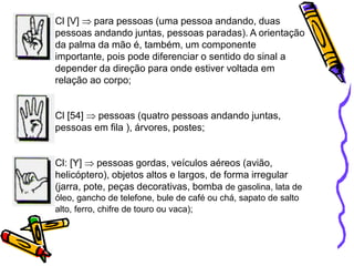 Cl [V] para pessoas (uma pessoa andando, duas
pessoas andando juntas, pessoas paradas). A orientação
da palma da mão é, também, um componente
importante, pois pode diferenciar o sentido do sinal a
depender da direção para onde estiver voltada em
relação ao corpo;
Cl [54] pessoas (quatro pessoas andando juntas,
pessoas em fila ), árvores, postes;
Cl: [Y] pessoas gordas, veículos aéreos (avião,
helicóptero), objetos altos e largos, de forma irregular
(jarra, pote, peças decorativas, bomba de gasolina, lata de
óleo, gancho de telefone, bule de café ou chá, sapato de salto
alto, ferro, chifre de touro ou vaca);
 
