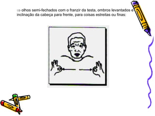 olhos semi-fechados com o franzir da testa, ombros levantados e
inclinação da cabeça para frente, para coisas estreitas ou finas:
 