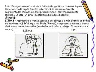 Isso não significa que os sinais icônicos são iguais em todas as línguas.
Cada sociedade capta facetas diferentes do mesmo referente,
representadas através de seus próprios sinais, convencionalmente,
(FERREIRA BRITO, 1993) conforme os exemplos abaixo :
ÁRVORE
LIBRAS - representa o tronco usando o antebraço e a mão aberta, as folhas
em movimento, LSC (Língua de Sinais Chinesa) - representa apenas o tronco
da árvore com as duas mãos ( os dedos indicador e polegar ficam abertos e
curvos). LSC
LIBRAS
 
