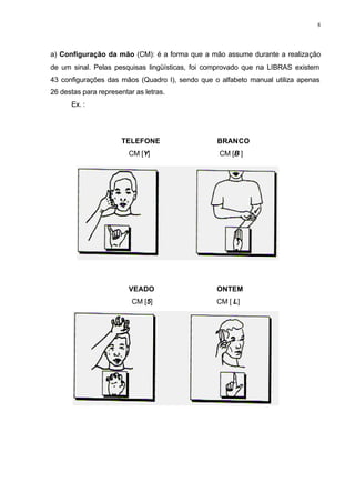 8
a) Configuração da mão (CM): é a forma que a mão assume durante a realização
de um sinal. Pelas pesquisas lingüísticas, foi comprovado que na LIBRAS existem
43 configurações das mãos (Quadro I), sendo que o alfabeto manual utiliza apenas
26 destas para representar as letras.
Ex. :
TELEFONE BRANCO
CM [Y] CM [B ]
VEADO ONTEM
CM [5] CM [ L]
 