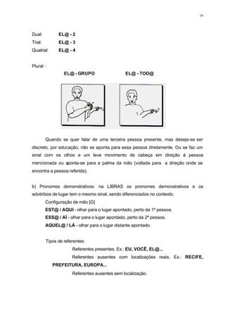 19
Dual: EL@ - 2
Trial: EL@ - 3
Quatrial: EL@ - 4
Plural :
EL@ - GRUPO EL@ - TOD@
Quando se quer falar de uma terceira pessoa presente, mas deseja-se ser
discreto, por educação, não se aponta para essa pessoa diretamente. Ou se faz um
sinal com os olhos e um leve movimento de cabeça em direção à pessoa
mencionada ou aponta-se para a palma da mão (voltada para a direção onde se
encontra a pessoa referida).
b) Pronomes demonstrativos: na LIBRAS os pronomes demonstrativos e os
advérbios de lugar tem o mesmo sinal, sendo diferenciados no contexto.
Configuração de mão [G]
EST@ / AQUI - olhar para o lugar apontado, perto da 1ª pessoa.
ESS@ / AÍ - olhar para o lugar apontado, perto da 2ª pessoa.
AQUEL@ / LÁ - olhar para o lugar distante apontado.
Tipos de referentes:
⇒ Referentes presentes. Ex.: EU, VOCÊ, EL@...
⇒ Referentes ausentes com localizações reais. Ex.: RECIFE,
PREFEITURA, EUROPA...
⇒ Referentes ausentes sem localização.
 