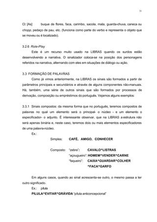 31
Cl: [As] ⇒ buque de flores, faca, carimbo, sacola, mala, guarda-chuva, caneca ou
chopp, pedaço de pau, etc. (funciona como parte do verbo e representa o objeto que
se moveu ou é localizado).
3.2.6 Role-Play
Este é um recurso muito usado na LIBRAS quando os surdos estão
desenvolvendo a narrativa. O sinalizador coloca-se na posição dos personagens
referidos na narrativa, alternando com eles em situações de diálogo ou ação.
3.3 FORMAÇÃO DE PALAVRAS
Como já vimos anteriormente, na LIBRAS os sinais são formados a partir de
parâmetros principais e secundários e através de alguns componentes não-manuais.
Há, também, uma série de outros sinais que são formados por processos de
derivação, composição ou empréstimos do português. Vejamos alguns exemplos:
3.3.1 Sinais compostos: da mesma forma que no português, teremos compostos de
palavras no qual um elemento será o principal- o núcleo - e um elemento o
especificador- o adjunto. É interessante observar, que na LIBRAS a estrutura não
será apenas binária e, neste caso, teremos dois ou mais elementos especificadores
de uma palavra-núcleo.
Ex.:
Simples: CAFÉ, AMIGO, CONHECER
Composto: “zebra”: CAVALO^LISTRAS
“açougueiro”: HOMEM^VENDER^CARNE
“faqueiro”: CAIXA^GUARDAR^COLHER
^FACA^GARFO
Em alguns casos, quando ao sinal acrescenta-se outro, o mesmo passa a ter
outro significado.
Ex.: pílula
PILULA^EVITAR^GRÁVIDA “pílula anticoncepcional”
 