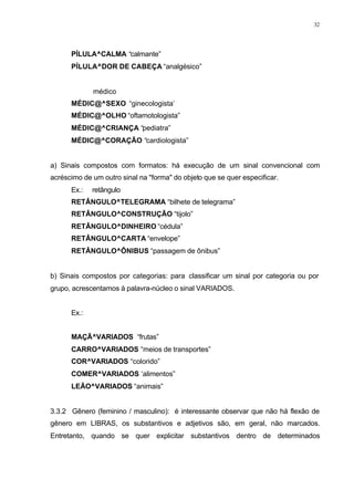 32
PÍLULA^CALMA “calmante”
PÍLULA^DOR DE CABEÇA “analgésico”
médico
MÉDIC@^SEXO “ginecologista’
MÉDIC@^OLHO “oftamotologista”
MÉDIC@^CRIANÇA “pediatra”
MÉDIC@^CORAÇÃO “cardiologista”
a) Sinais compostos com formatos: há execução de um sinal convencional com
acréscimo de um outro sinal na "forma" do objeto que se quer especificar.
Ex.: retângulo
RETÂNGULO^TELEGRAMA “bilhete de telegrama”
RETÂNGULO^CONSTRUÇÃO “tijolo”
RETÂNGULO^DINHEIRO “cédula”
RETÂNGULO^CARTA “envelope”
RETÂNGULO^ÔNIBUS “passagem de ônibus”
b) Sinais compostos por categorias: para classificar um sinal por categoria ou por
grupo, acrescentamos à palavra-núcleo o sinal VARIADOS.
Ex.:
MAÇÃ^VARIADOS “frutas”
CARRO^VARIADOS “meios de transportes”
COR^VARIADOS “colorido”
COMER^VARIADOS ‘alimentos”
LEÃO^VARIADOS “animais”
3.3.2 Gênero (feminino / masculino): é interessante observar que não há flexão de
gênero em LIBRAS, os substantivos e adjetivos são, em geral, não marcados.
Entretanto, quando se quer explicitar substantivos dentro de determinados
 