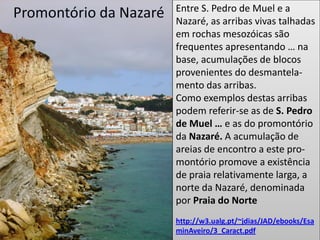 Promontório da Nazaré Entre S. Pedro de Muel e a
Nazaré, as arribas vivas talhadas
em rochas mesozóicas são
frequentes apresentando … na
base, acumulações de blocos
provenientes do desmantela-
mento das arribas.
Como exemplos destas arribas
podem referir-se as de S. Pedro
de Muel … e as do promontório
da Nazaré. A acumulação de
areias de encontro a este pro-
montório promove a existência
de praia relativamente larga, a
norte da Nazaré, denominada
por Praia do Norte
http://w3.ualg.pt/~jdias/JAD/ebooks/Esa
minAveiro/3_Caract.pdf
 