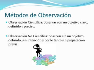 Métodos de Observación
 Observación Científica: observar con un objetivo claro,

definido y preciso.
 Observación No Científica: observar sin un objetivo

definido, sin intención y por lo tanto sin preparación
previa.

 