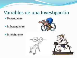 Variables de una Investigación
 Dependiente
 Independiente
 Interviniente

 