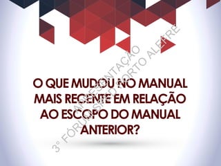 OQUEMUDOUNOMANUAL
MAISRECENTEEMRELAÇÃO
AOESCOPODOMANUAL
ANTERIOR?
APR
ESEN
TAÇ
ÃO
3°FÓ
R
U
M
SPED
PO
R
TO
ALEFR
E
 
