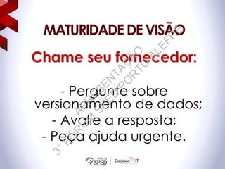MATURIDADE DE VISÃO
Chame seu fornecedor:
- Pergunte sobre
versionamento de dados;
- Avalie a resposta;
- Peça ajuda urgente.
APR
ESEN
TAÇ
ÃO
3°FÓ
R
U
M
SPED
PO
R
TO
ALEFR
E
 