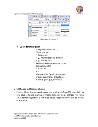 Aspectos Básicos de OpenOficce.org Calc

Figura 12 Uso de la función SI

 Operador Descripción
- Negación (como en -1)
% Porcentaje
^ Exponente
* y / Multiplicación y división
+ y - Suma y resta
& Conecta dos cadenas de texto
(concatenación)
= < > <= >=
<>
Comparación (igual, menor que,
mayor que, menor o igual que,
mayor o igual que, diferente)

5. Gráficas en diferentes hojas.
Existen diferentes formas de crear una gráfica en OpenOffice.org Calc, en
este caso se llevará a cabo por medio del asistente de gráficos (ver Figura
13 Asistente de gráficos.), son 4 los pasos a seguir una vez que se ejecuta
el asistente.

Espacio Nuevas Tecnologías de la Información y Comunicación
M.C. María Marcela González Canales
Septiembre 2013

 