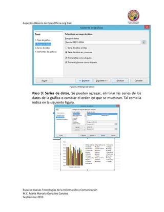 Aspectos Básicos de OpenOficce.org Calc

Figura 14 Rango de datos

Paso 3: Series de datos, Se pueden agregar, eliminar las series de los
datos de la gráfica o cambiar el orden en que se muestran. Tal como la
indica en la siguiente figura.

Espacio Nuevas Tecnologías de la Información y Comunicación
M.C. María Marcela González Canales
Septiembre 2013

 