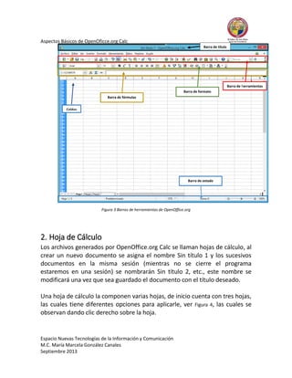 Aspectos Básicos de OpenOficce.org Calc
Barra de título

Barra de herramientas
Barra de formato
Barra de fórmulas
Celdas

Barra de estado

Figura 3 Barras de herramientas de OpenOffice.org

2. Hoja de Cálculo
Los archivos generados por OpenOffice.org Calc se llaman hojas de cálculo, al
crear un nuevo documento se asigna el nombre Sin título 1 y los sucesivos
documentos en la misma sesión (mientras no se cierre el programa
estaremos en una sesión) se nombrarán Sin título 2, etc., este nombre se
modificará una vez que sea guardado el documento con el título deseado.
Una hoja de cálculo la componen varias hojas, de inicio cuenta con tres hojas,
las cuales tiene diferentes opciones para aplicarle, ver Figura 4, las cuales se
observan dando clic derecho sobre la hoja.

Espacio Nuevas Tecnologías de la Información y Comunicación
M.C. María Marcela González Canales
Septiembre 2013

 