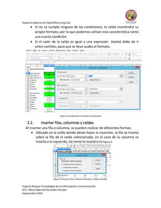 Aspectos Básicos de OpenOficce.org Calc

 Si no se cumple ninguna de las condiciones, la celda mantendrá su
propio formato, por lo que podemos utilizar esta característica como
una cuarta condición.
 Si el valor de la celda es igual a una expresión (texto) debe de ir
entre comillas, para que se lleve acabo el formato.

Figura 6 Condiciones Formateo condicional

3.2.

Insertar filas, columnas y celdas.

Al insertar una fila o columna, se pueden realizar de diferentes formas:
 Ubicado en la celda donde desee hacer la inserción, la fila se inserta
sobre la fila de la celda seleccionada; en el caso de la columna se
inserta a la izquierda, tal como lo muestra la Figura 5

Figura 7 Insertar Fila o Columna desde la Celda ubicada.

Espacio Nuevas Tecnologías de la Información y Comunicación
M.C. María Marcela González Canales
Septiembre 2013

 
