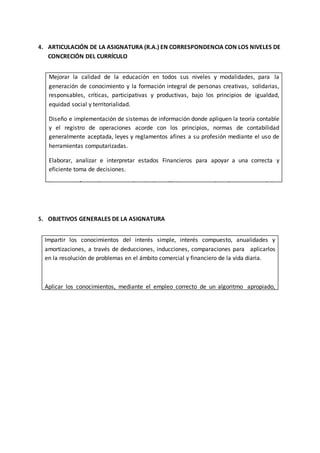 10
4. ARTICULACIÓN DE LA ASIGNATURA (R.A.) EN CORRESPONDENCIA CON LOS NIVELES DE
CONCRECIÓN DEL CURRÍCULO
5. OBJETIVOS GENERALES DE LA ASIGNATURA
Impartir los conocimientos del interés simple, interés compuesto, anualidades y
amortizaciones, a través de deducciones, inducciones, comparaciones para aplicarlos
en la resolución de problemas en el ámbito comercial y financiero de la vida diaria.
Aplicar los conocimientos, mediante el empleo correcto de un algoritmo apropiado,
para resolver problemas y ejercicios de la vida diaria referentes al ámbito comercial.
Mejorar la calidad de la educación en todos sus niveles y modalidades, para la
generación de conocimiento y la formación integral de personas creativas, solidarias,
responsables, críticas, participativas y productivas, bajo los principios de igualdad,
equidad social y territorialidad.
Diseño e implementación de sistemas de información donde apliquen la teoría contable
y el registro de operaciones acorde con los principios, normas de contabilidad
generalmente aceptada, leyes y reglamentos afines a su profesión mediante el uso de
herramientas computarizadas.
Elaborar, analizar e interpretar estados Financieros para apoyar a una correcta y
eficiente toma de decisiones.
Formar profesionales con un alto nivel académico, capaces de solucionar complejos
problemas inherentes a su profesión y que contribuyan al desarrollo económico y
administrativo del país.
 