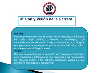 Misión y Visión de la Carrera.
MISIÓN
Formar profesionales en el campo de la Psicología Educativa
con alto nivel científico, humano y tecnológico, con
características de educación integral, innovadora y axiológica,
que promueva la investigación, potenciando la calidad y calidez
en las relaciones interpersonales.
VISIÓN
Ser una carrera líder en la formación de Psicólogos Educativos
a nivel nacional e internacional que responda a las necesidades
del contexto acorde a las políticas educativas vigentes y que
promueva el progreso y el buen vivir.
 