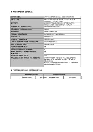 1. INFORMACIÓ N GENERAL:
INSTITUCIÓ N: UNIVERSIDAD NACIONAL DE CHIMBORAZO
FACULTAD: FACULTAD DE CIENCIAS DE LA EDUCACIÓ N,
HUMANAS Y TECNOLOGÍAS
CARRERA: LICENCIATURA EN PSICOLOGÍA EDUCATIVA
ORIENTACIÓ N VOCACIONAL Y FAMILIAR
NOMBRE DE LA ASIGNATURA: GESTION PEDAGOGICA
CÓ DIGO DE LA ASIGNATURA: PES6.5
SEMESTRE: SEXTO SEMESTRE
PERÍODO ACADÉ MICO: OCTUBRE 2017 - MARZO 2018
MODALIDAD: PRESENCIAL
NIVEL DE FORMACIÓ N: TERCER NIVEL
UNIDAD DE FORMACIÓ N CURRICULAR: CIENCIAS BASICAS
TIPO DE ASIGNATURA: OBLIGATORIA
NÚ MERO DE SEMANAS: 16
NÚ MERO DE HORAS SEMANAL: 4
TOTAL DE HORAS POR EL PERÍODO 64
ACADÉ MICO:
NÚ MERO DE CRÉ DITOS: 0,00
TÍTULO(S) ACADÉ MICO(S) DEL DOCENTE: LICENCIADO EN CIENCIAS DE LA EDUCACION
PROFESOR DE INFORMATICA APLICADA A LA
EDUCACION
MAGISTER EN DOCENCIA Y CURRICULO PARA LA
EDUCACION SUPERIOR
2. PRERREQUISITOS Y CORREQUISITOS:
PRERREQUISITOS:
ASIGNATURA: CÓ DIGO:
CORREQUISITOS:
ASIGNATURA: CÓ DIGO:
 