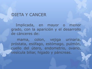 DIETA Y CANCER
Implicada, en mayor o menor
grado, con la aparición y el desarrollo
de cánceres de:
mama, colon, vejiga urinaria,
próstata, esófago, estómago, pulmón,
cuello del útero, endometrio, ovario,
vesícula biliar, hígado y páncreas.

 