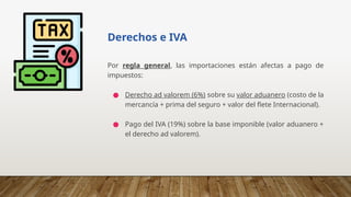 Derechos e IVA
Por regla general, las importaciones están afectas a pago de
impuestos:
● Derecho ad valorem (6%) sobre su valor aduanero (costo de la
mercancía + prima del seguro + valor del flete Internacional).
● Pago del IVA (19%) sobre la base imponible (valor aduanero +
el derecho ad valorem).
 