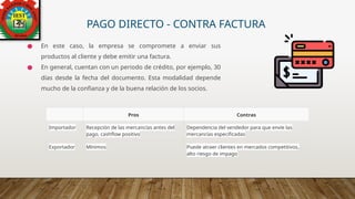 PAGO DIRECTO - CONTRA FACTURA
● En este caso, la empresa se compromete a enviar sus
productos al cliente y debe emitir una factura.
● En general, cuentan con un periodo de crédito, por ejemplo, 30
días desde la fecha del documento. Esta modalidad depende
mucho de la confianza y de la buena relación de los socios.
Pros Contras
Importador Recepción de las mercancías antes del
pago, cashflow positivo
Dependencia del vendedor para que envíe las
mercancías especificadas
Exportador Mínimos Puede atraer clientes en mercados competitivos,
alto riesgo de impago
 