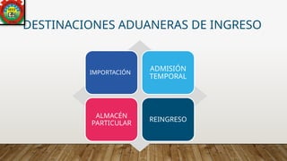 DESTINACIONES ADUANERAS DE INGRESO
IMPORTACIÓN
ADMISIÓN
TEMPORAL
ALMACÉN
PARTICULAR
REINGRESO
 