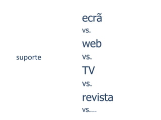 ecrã
          vs.

          web
suporte   vs.
          TV
          vs.
          revista
          vs.…
 