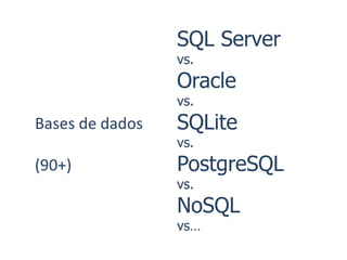 SQL Server
                 vs.
                 Oracle
                 vs.
Bases de dados   SQLite
                 vs.
...