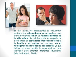 En esta etapa, los adolescentes se encuentran
ansiosos por independizarse de sus padres, pero
al mismo tiempo temen las responsabilidades de
la vida adulta. La adolescencia va cargada de
cierto grado de estrés relacionado con la escuela,
la familia y los amigos, sin embargo, no es
homogéneo en los todos los adolescentes ya que
influye en gran medida la capacidad de cada
individuo para afrontar diferentes situaciones
(Morris & Maisto, 2005).
 