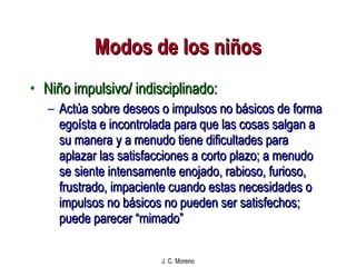 Modos de los niños Niño impulsivo/ indisciplinado: Actúa sobre deseos o impulsos no básicos de forma ego í sta e incontrolada para que las cosas salgan a su manera y a menudo tiene dificultades para aplazar las satisfacciones a corto plazo; a menudo se siente intensamente enojado, rabioso, furioso, frustrado, impaciente cuando estas necesidades o impulsos no básicos no pueden ser satisfechos; puede parecer “mimado” 