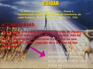 “...é antes de mais, acolher o outro... Ousar a
comunicação, numa abertura feita de tolerância, de
calor humano, de autenticidade” WARSON, 1998.
ACOMPANHAR
“ É percorrer uma parte do caminho ao lado de alguém
até um destino cuja natureza desconhecemos. Não se
trata de lhe propormos percorrer o caminho no seu
lugar” ( RAVEZ; 1998) , mas sim de o auxiliar na sua
caminhada.
Confronto de emoções,
exposição a diversos
tipos de sofrimento para
todos os intervenientes
 