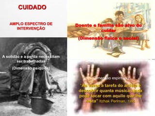 A solidão e a perda necessitam
ser trabalhadas
(Dimensão psíquica)
AMPLO ESPECTRO DE
INTERVENÇÃO
(Dimensão espiritual)
“Às vezes a tarefa do artista é
descobrir quanta música ainda
pode tocar com aquilo que lhe
resta” Itzhak Perlman, 1995
Doente e família são alvo do
cuidar
(Dimensão física e social)
CUIDADO
 