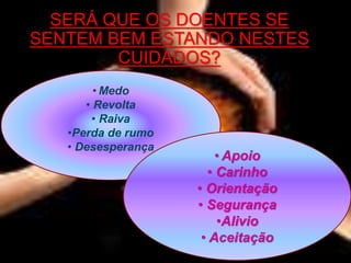 SERÁ QUE OS DOENTES SE
SENTEM BEM ESTANDO NESTES
CUIDADOS?
• Medo
• Revolta
• Raiva
•Perda de rumo
• Desesperança
• Apoio
• Carinho
• Orientação
• Segurança
•Alivio
• Aceitação
 