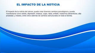 EL IMPACTO DE LA NOTICIA
El impacto de la noticia del cáncer, puede crear diversos cambios psicológicos y puede
manifestarse como estrés, depresión, tristeza, culpa, rabia, enfado, trastornos alimenticios, alta
ansiedad, y miedos, entre otros además de cambios estructurales en toda la familia.
 
