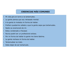 CREENCIAS MÁS COMUNES
• Mi vida gira en torno a la tartamudez.
• La gente piensa que soy retrasado mental.
• A la gente le molesta mi forma de hablar.
• Prefiero quedarme callado a que la gente sepa que tartamudeo.
• Nadie se enamorará de mí.
• Estoy condenado a fracasar.
• Nunca podré ser un profesional exitoso.
• Por mi forma de hablar la gente me tiene lástima.
• La gente rechaza mi forma de hablar.
• Tartamudear es malo.
• Debo dejar de ser tartamudo.
 