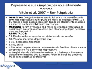 Depressão e suas implicações no aleitamento materno Vitolo et al, 2007 – Rev Psiquiatria OBJETIVO:  O objetivo deste estudo foi avaliar a prevalência de sintomas depressivos num grupo de mães de crianças entre 12 e 16 meses e suas associações com tempo de aleitamento materno e aspectos do desenvolvimento da criança.  MÉTODO:  Foram avaliadas 263 mães de crianças recrutadas ao nascimento em uma maternidade que atende população de baixo nível socioeconômico.  RESULTADOS:   35,7% das mães apresentaram sintomas de depressão 18,3% apresentaram depressão leve 11%, depressão moderada 6,5%, grave mães sem companheiros e provenientes de famílias não–nucleares apresentaram mais sintomas depressivos as freqüências de aleitamento materno exclusivo por 6 meses e aleitamento materno aos 12 meses foram maiores no grupo de mães sem sintomas depressivos 
