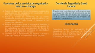 e) Realizar el diagnóstico sobre enfermedades ocupacionales
establecidas por los trabajadores, en coordinación con el
INPSASEL y el Ministerio de Salud.
f) Evaluar y conocer las condiciones de las nuevas
instalaciones, maquinarias y equipos antes de dar inicio a su
funcionamiento, así como formar y capacitar a los
trabajadores sobre éstos.
g) Elaborar una propuesta sobre el programa de seguridad y
salud en el trabajo e implementarlo, con la participación de
los trabajadores, someterlo a consideración del Comité de
Seguridad y Salud Laborar a los fines de ser presentado al
INPSASEL para su aprobación y registro.
h) Coordinar con el departamento de Recursos Humanos o
quien haga sus veces el cumplimiento de sus funciones
Organismo de control paritario en la empresa, que
se encarga de velar por el cumplimiento de las
políticas establecidas en materia de Seguridad y
Salud, así como la aprobación del Programa de
Seguridad y Salud Laboral.
Proporciona factores de participación de los
trabajadores en los programas de Seguridad
Industrial en toda la empresa. Forma la base para
mantener las mejores relaciones entre la Dirección de
la Empresa y los Trabajadores.
 
