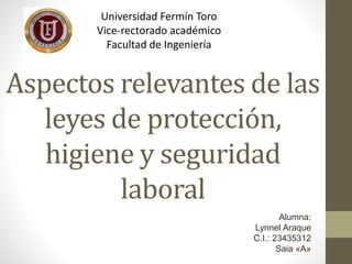 Aspectos relevantes de las
leyes de protección,
higiene y seguridad
laboral
Universidad Fermín Toro
Vice-rectorado académico
Facultad de Ingeniería
Alumna:
Lynnel Araque
C.I.: 23435312
Saia «A»
 
