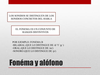 Fonéma y alófono
LOS SONIDOS SE DISTINGUEN DE LOS
SONIDOS CONCRETOS DEL HABLA
EL FONEMA ES UN CONJUNTO DE
RASGOS DISTINTIVOS
POR EJEMPLO: FONEMA B
-BILABIAL (QUE LO DISTINGUE DE /d/ Y /g/ )
-ORAL (QUE LO DISTINGUE DE /m/)
-SONORO (QUE LO DISTINGUE DE /p/)
 