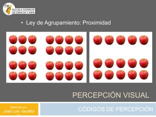 • Ley de Agrupamiento: Proximidad




                              PERCEPCIÓN VISUAL
    Elaborado por:
José Luis Vacaflor              CÓDIGOS DE PERCEPCIÓN
 