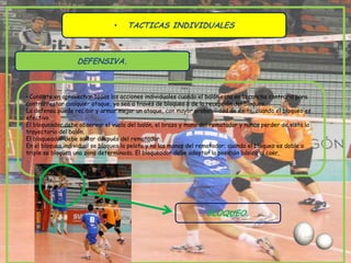 •    TACTICAS INDIVIDUALES



                   DEFENSIVA.



• Consiste en aprovechar todas las acciones individuales cuando el balón esta en la cancha contraria para
contrarrestar cualquier ataque, ya sea a través de bloqueo o de la recepción del bloqueo.
La defensa puede recibir y armar mejor un ataque, con mayor probabilidad de éxito, cuando el bloqueo es
efectivo.
El bloqueador debe observar el vuelo del balón, el brazo y mano del rematador y nunca perder de vista la
trayectoria del balón.
El bloqueador debe saltar después del rematador.
En el bloqueo individual se bloquea la pelota y no las manos del rematador; cuando el bloqueo es doble o
triple se bloquea una zona determinada. El bloqueador debe adoptar la posición básica al caer.




                                                                   BLOQUEO.
 