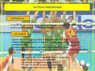 TACTICAS INDIVIDUALES




OFENSIVAS :

• Consiste en aprovechar las acciones individuales cuando el balón estas en
nuestro poder y estamos armando un ataque.

  • DE SAQUE.

 • Quien realice el saque no debe ir nunca en busca del balón.
 • Después de que se realice el saque el jugador debe volver a su puesto
 correspondiente.
 • El saque debe ser seguro con pocas posibilidades de fallar.
 • Es recomendable sacar hacia los puntos débiles de los contrincantes, es decir,
 hacia:
           - El armador o levantador.
           - El jugador que no posea dominio en la recepción.
           - Los limites laterales de la cancha.
           - Lo zona de cambio de los jugadores.
           - El lugar en donde se realice la penetración.
           - El lado izquierdo de los contrarios.
 