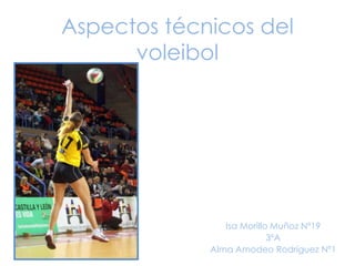 Aspectos técnicos del
      voleibol




                Isa Morillo Muñoz Nº19
                           3ºA
             Alma Amodeo Rodríguez Nº1
 