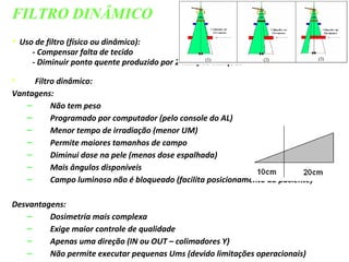 • Filtro dinâmico:
Vantagens:
– Não tem peso
– Programado por computador (pelo console do AL)
– Menor tempo de irradiação (menor UM)
– Permite maiores tamanhos de campo
– Diminui dose na pele (menos dose espalhada)
– Mais ângulos disponíveis
– Campo luminoso não é bloqueado (facilita posicionamento do paciente)
Desvantagens:
– Dosimetria mais complexa
– Exige maior controle de qualidade
– Apenas uma direção (IN ou OUT – colimadores Y)
– Não permite executar pequenas Ums (devido limitações operacionais)
• Uso de filtro (físico ou dinâmico):
- Compensar falta de tecido
- Diminuir ponto quente produzido por 2 campos oblíquos
FILTRO DINÂMICO
 